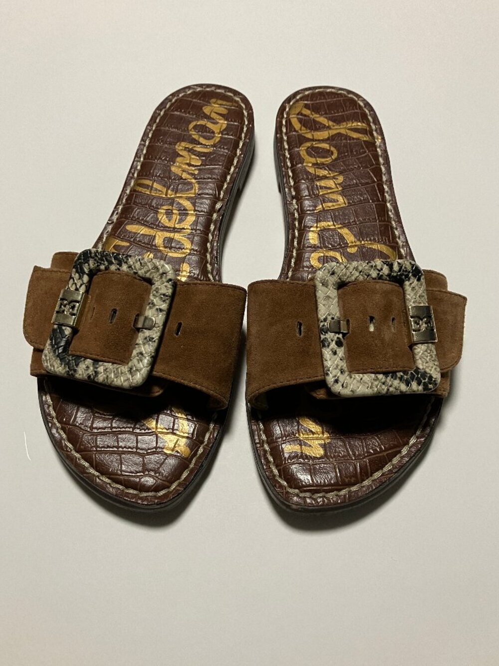 Sam Edelman Granada Suede Slide Sandals Brown Snakeskin Buckle Women's Size 6.5 - Picture 2 of 8